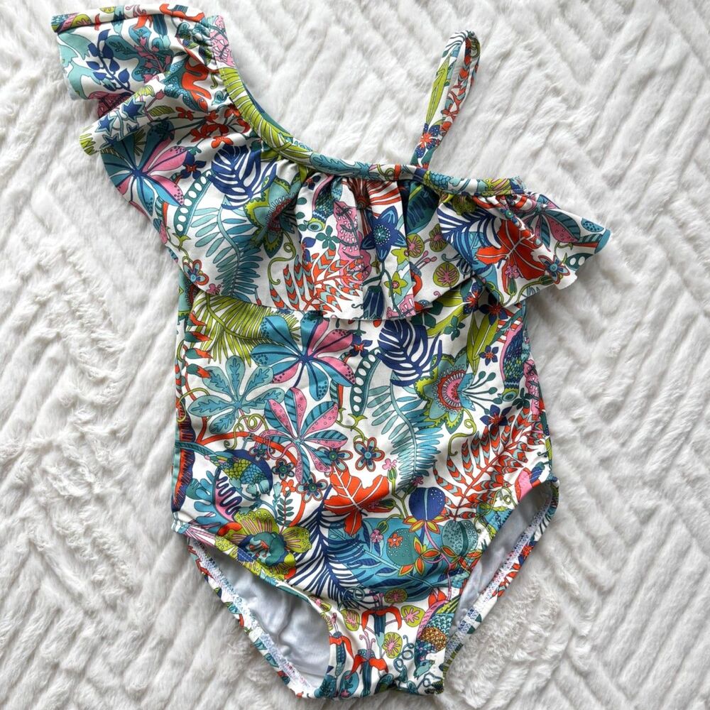Janie and Jack Baby Girls 12-18M Tropical Floral One Shoulder Ruffle Swimsuit